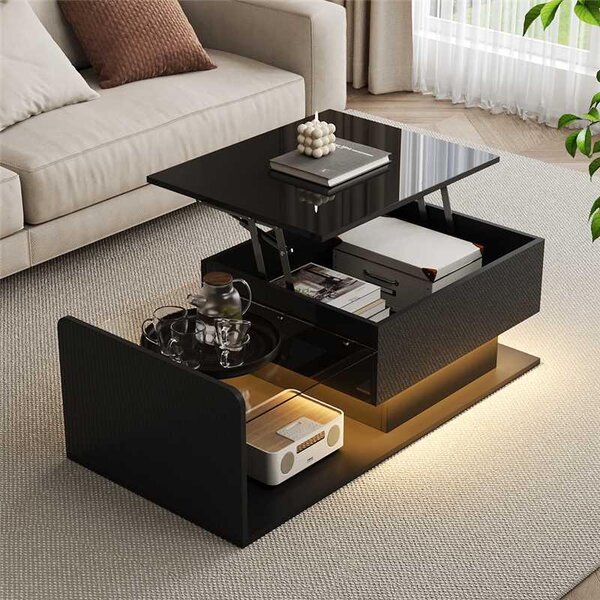 Tavolino Fortuna Lai, nero lucido, tavolino ausiliario, tavolino da caffè con vetro e effetto LED, dotato di piano in vetro