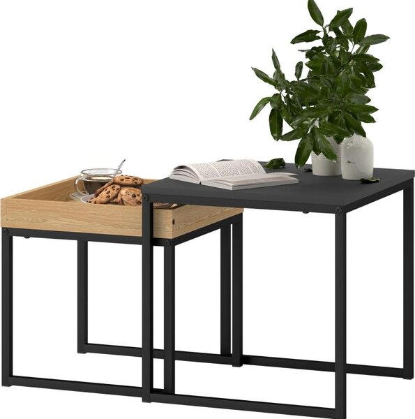 Fortuna Lai Tavolino moderno, set di 2 tavolini da salotto, per spazi ridotti, quadrato, MDF, metallo, nero