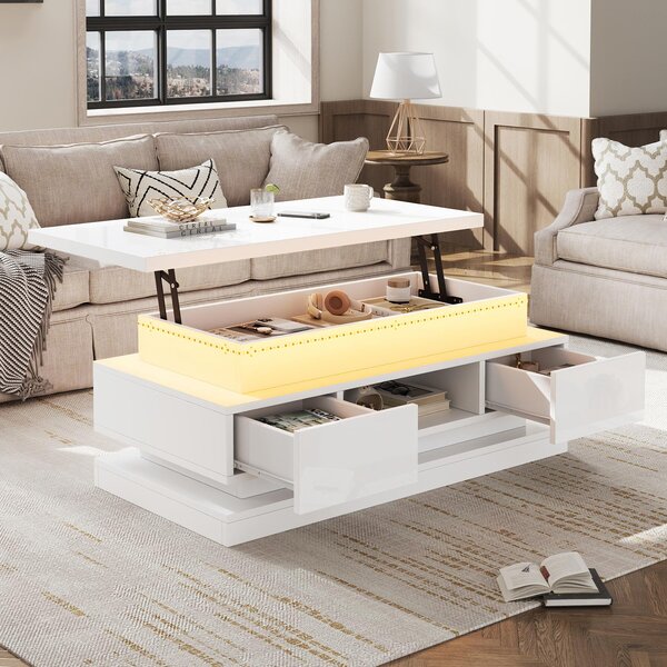 Fortuna Lai Tavolino sollevabile 100*50*40 cm con 2 cassetti, tavolino lucido con LED, tavolino da divano, tavolino da caffè, tavolino da salotto con spazio contenitivo nascosto, bianco, truciolare