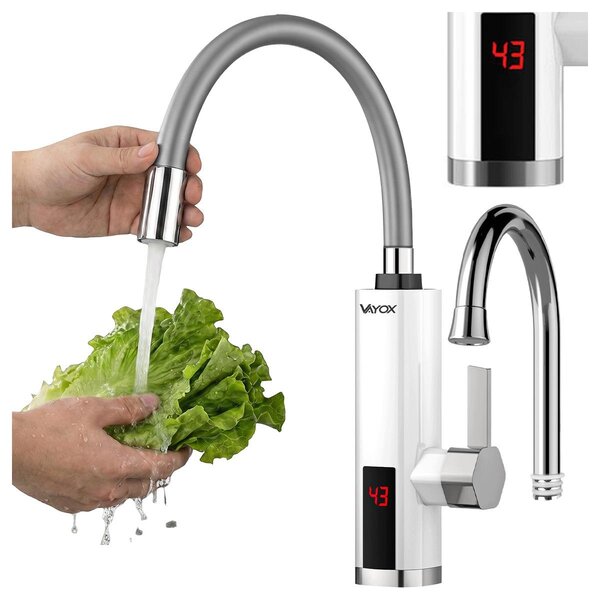 Rubinetto da cucina Vayox con scaldacqua istantaneo VA0204, indicatore, erogatore flessibile grigio, 3000W, bianco
