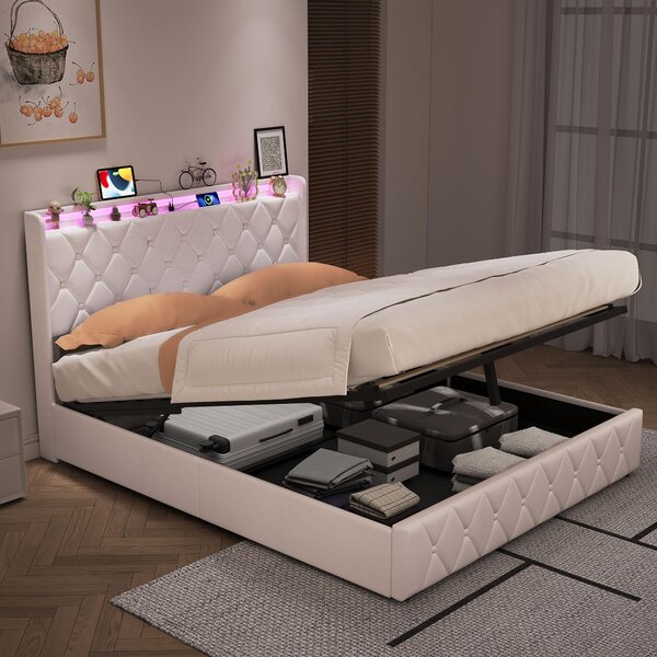 Letto imbottito REMZETTA, 140 x 200 cm, letto matrimoniale con contenitore e meccanismo di sollevamento idraulico, testiera imbottita, tessuto velluto, color beige