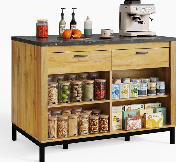 Isola da cucina in stile rustico, dimensioni 120x75x90 cm, con piano di lavoro effetto marmo nero, due cassetti, quattro ripiani aperti e struttura in metallo