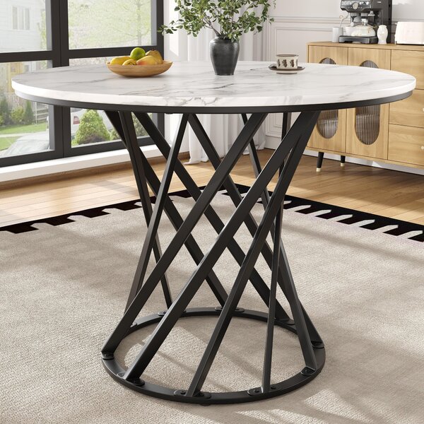 Tavolo rotondo Fortuna Lai (80x80x76 cm), tavolo da cucina, tavolino rotondo per 4 persone, adatto per sala da pranzo o soggiorno, gambe in metallo, piano del tavolo in MDF con effetto marmo, gambe nere