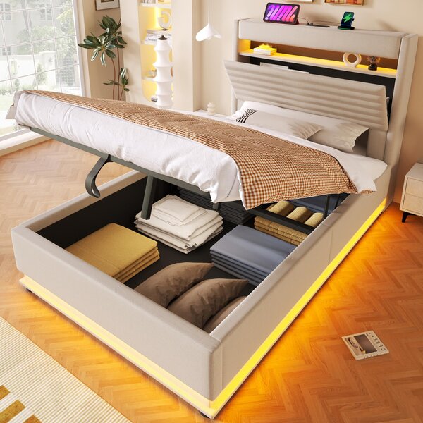 Letto imbottito 90x200 cm con rivestimento in lino color beige, testiera imbottita, contenitore a sollevamento idraulico e illuminazione LED per la camera da letto