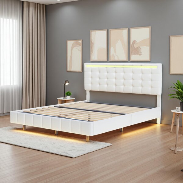 Fortuna Lai, letto imbottito 160x200 cm, LED, USB, letto galleggiante con testiera regolabile, lino, beige