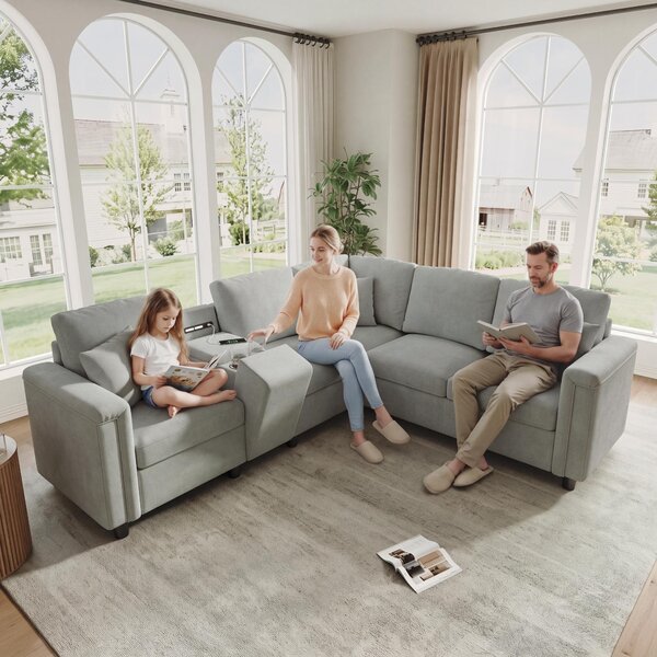 Divano angolare a forma di L, rivestito in chenille, dimensioni 235x208x83 cm, colore grigio chiaro, 5 posti, con consolle contenitore, prese USB/Type-C e luci da lettura, ideale per il soggiorno