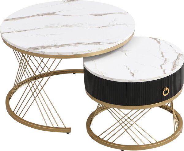 Set di 2 tavolini Fortuna Lai, tavolini con decoro in marmo oro e cassetto, bianco