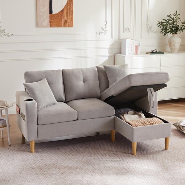 Divano moderno a forma di L Fortuna Lai, divano a 3 posti con chaise longue, vano portaoggetti, portabevande integrato, fornito con 2 cuscini, adatto per soggiorno, ufficio, appartamento, ecc., video disponibile