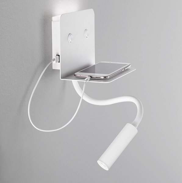 Applique moderno perenz level 6636 led usb 9w 456lm 3000°k lampada parete bianco nero braccio flessibile ip20 - Perenz
