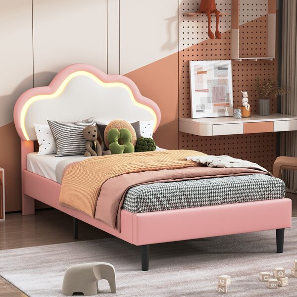 Letto imbottito Fortuna Lai 90x200cm con testata a forma di nuvola e LED, testata regolabile in altezza e reti a doghe, letto per ragazzi letto per bambini letto singolo in Pelle finta