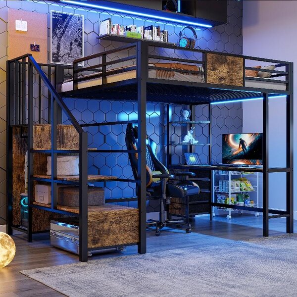 Letto a castello in metallo, dimensioni 140x200, con scrivania, ripiani, appendiabiti, illuminazione a LED e presa di corrente, colore nero/bianco