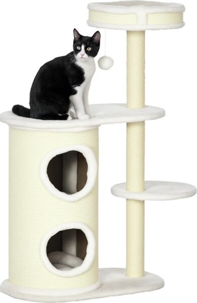 Tiragraffi Fortuna Lai con tiragraffi cilindrico, 1 cuccia per gatti e giocattoli per gatti, 59 cm x 35 cm x 100 cm, bianco crema