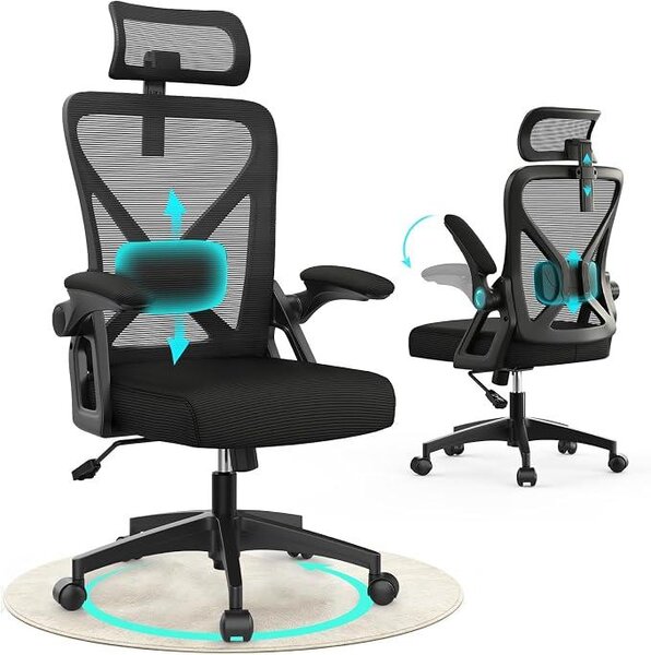 Sedia da ufficio, sedia ergonomica per scrivania con supporto lombare imbottito e braccioli regolabili – sedia da computer con schienale alto, poggiatesta regolabile e cuscino sedile confortevole