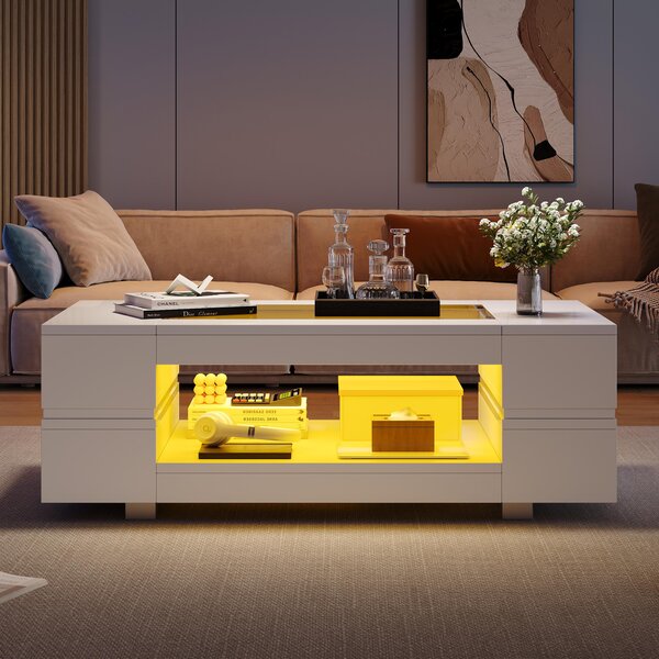 Fortuna Lai Tavolino LED bianco con controllo tramite app Bluetooth, tavolino da caffè, tavolino da divano, tavolino da salotto, adatto per feste, ufficio, soggiorno