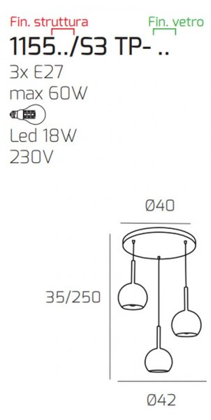 Plafoniera moderna top light future 1155 s3 tp e27 led vetro pirex soffiato lampada soffitto - Top Light