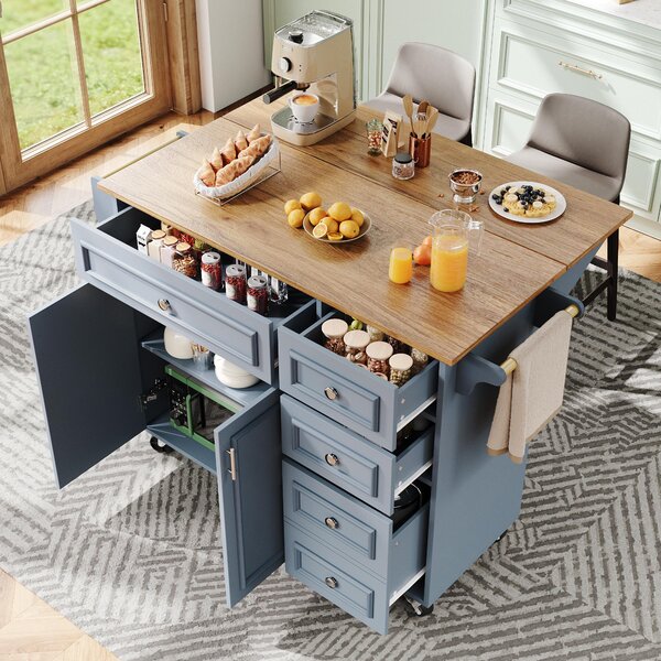 Isola da cucina con spazio contenitivo, dimensioni 110x75x92 cm, realizzata in MDF e metallo, color azzurro chiaro, con piano di lavoro pieghevole, ideale per cucina e zona pranzo