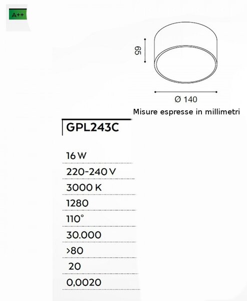 Plafoniera alluminio gea led cloe 65 gpl243c led lampada soffitto nero tonda moderna interno 16w 3000°k ip20 - Gea Led