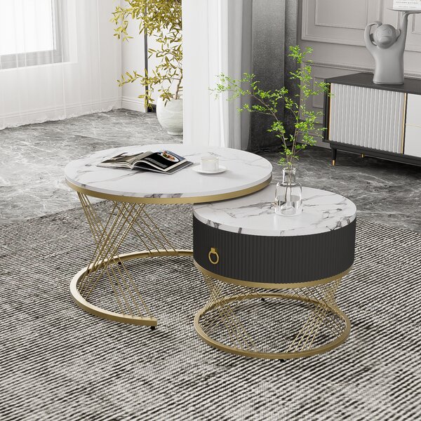 Set di 2 tavolini in marmo con ripiano rotondo Ø70 x 45cm e Ø50 x 40cm, tavolino con cassetto e struttura in metallo dorato, tavolo da salotto tavolo da divano