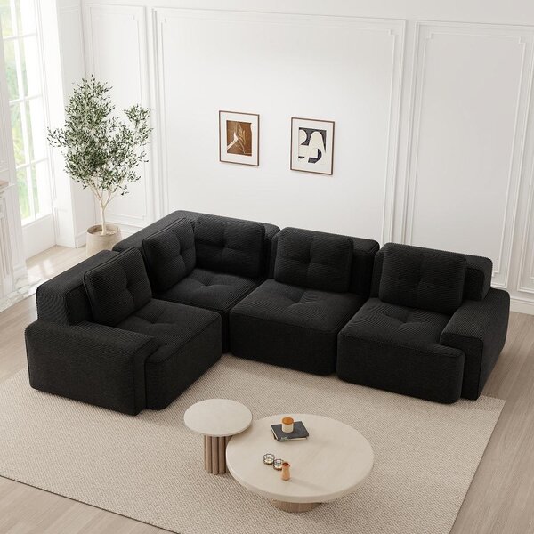 Divano angolare modulare in tessuto cord, divano nero da 4 posti, divano profondo senza struttura, resistente ai graffi e senza necessità di montaggio, dimensioni 295x206x69 cm