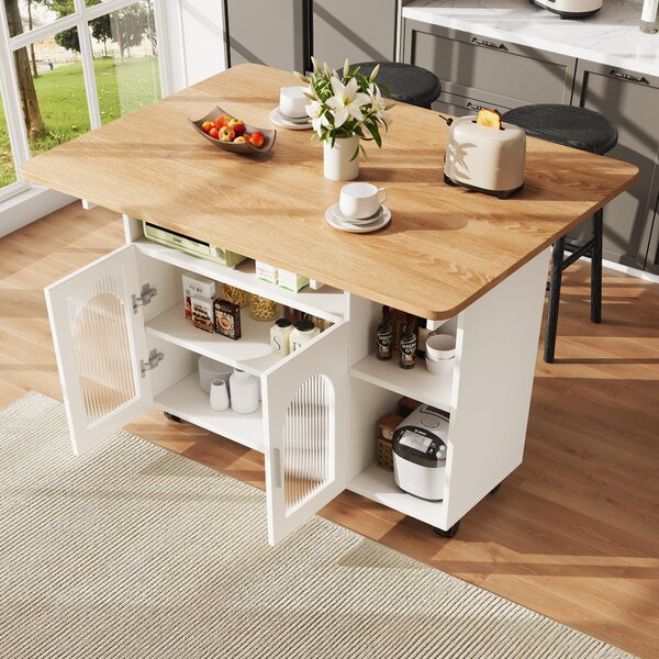 Isola cucina Fortuna Lai, Isola cucina moderna, Mobile da cucina, Carrello di servizio rimovibile, Carrello portavivande con venature del legno, Credenza, Tavolo da pranzo multifunzionale con spazio di archiviazione, Bianco