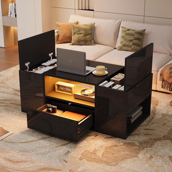 Tavolino Fortuna Lai (100 x 50 x 40 cm), tavolino con un cassetto, tavolino da divano con due armadietti, tavolino da salotto lucido con strisce luminose a LED, tavolino da caffè con 6 scomparti, nero