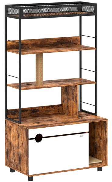 Fortuna Lai Armadio 2 in 1 per lettiera, lettiera con ripiano a 3 livelli, tiragraffi, sportello ribaltabile, cuccia per gatti di peso inferiore a 6 kg, 80 x 48 x 152 cm, marrone rustico