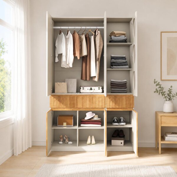 MODFU Armadio alto a 6 ante, dimensioni 135 x 50 x 200 cm, armadio con ante a battente, asta appendiabiti e 2 cassetti, mobile vetrina moderno in legno di quercia chiaro