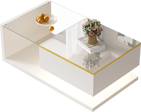 Fortuna Lai Tavolino da salotto lungo 90 cm, bianco lucido. Tavolini, tavolini da salotto con vetro ed effetto LED