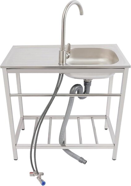 Lavello in acciaio inossidabile da esterno, a un bacino, con piano di lavoro multifunzione. Lavello da cucina o per uso commerciale, dotato di rubinetto con acqua calda e fredda e ripiani portaoggetti. Dimensioni: 75x40x75 cm