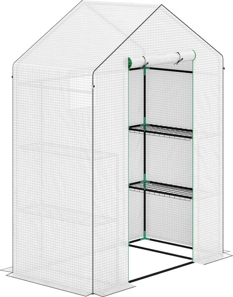 Serra Fortuna Lai con porta scorrevole, finestra, ripiani, serra in acciaio resistente all'inverno, serra per balcone, giardino, serra per pomodori 143 x 74 x 190 cm, serra per pomodori, verdure, bianco