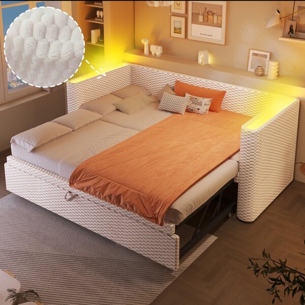 Divano letto 90x200 cm con rivestimento in velluto color beige, trasformabile in letto di dimensioni 180x200 cm, dotato di illuminazione LED multicolore, ideale per camere da letto e stanze per gli ospiti