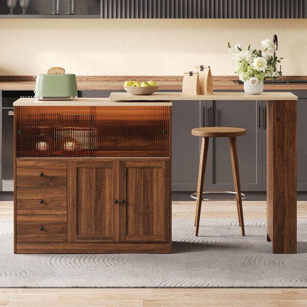 Isola da cucina 172x40x96 cm in MDF con finitura effetto legno naturale, dotata di un piano girevole a 360 gradi e spazio contenitivo per cucina e sala da pranzo