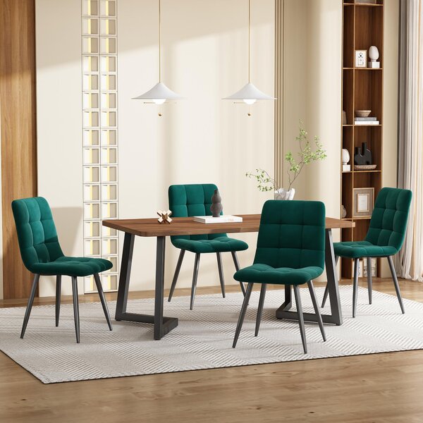 Fortuna Lai, set da pranzo (5 pezzi), tavolo da pranzo con 4 sedie, set moderno per cucina, tavolo da cucina in legno con gambe in metallo nero, piano del tavolo in MDF color noce, sedie da pranzo in velluto verde scuro