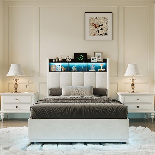 Letto imbottito idraulico Fortuna Lai 90x200cm con funzione cassetto, letto per ragazzi letto singolo con contenitore, letto contenitore con LED, lino, beige