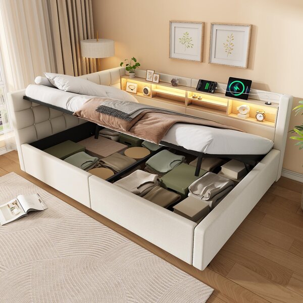 Letto contenitore 140x200 cm in lino e MDF color beige, con cassone contenitore a sistema idraulico e striscia LED dimmerabile, ideale per la camera da letto