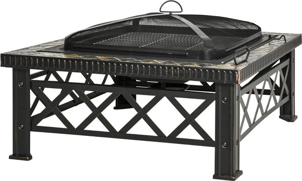 Fortuna Lai Braciere 3 in 1 con parascintille, griglia e secchiello per il ghiaccio per barbecue da giardino Nero 76x76x47 cm