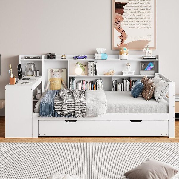 Divano letto 90x200 cm in legno massello, con letto estraibile, scrivania, scaffali e presa di corrente. Letto in legno bianco, ideale per camere da letto per ragazzi o camere per ospiti