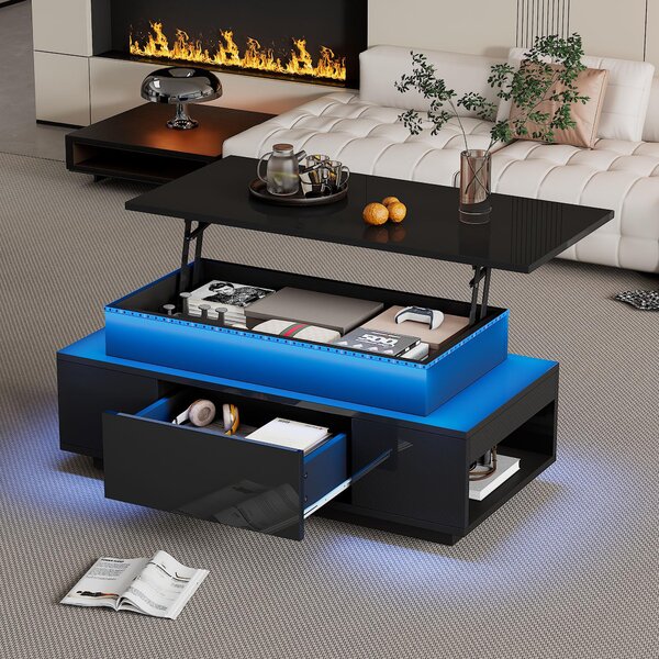 Fortuna Lai Tavolino da caffè regolabile in altezza con spazio di archiviazione nascosto e cassetto, 96*45*40 cm Tavolino da salotto lucido, tavolino da divano LED, adatto per ufficio, studio, feste, nero