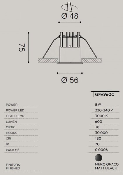 Faretto incasso moderno gea led qebui gfa960 c 8w led 3000°k 600lm 38° ip20 spot cartongesso tondo alluminio nero opaco interno - Gea Led