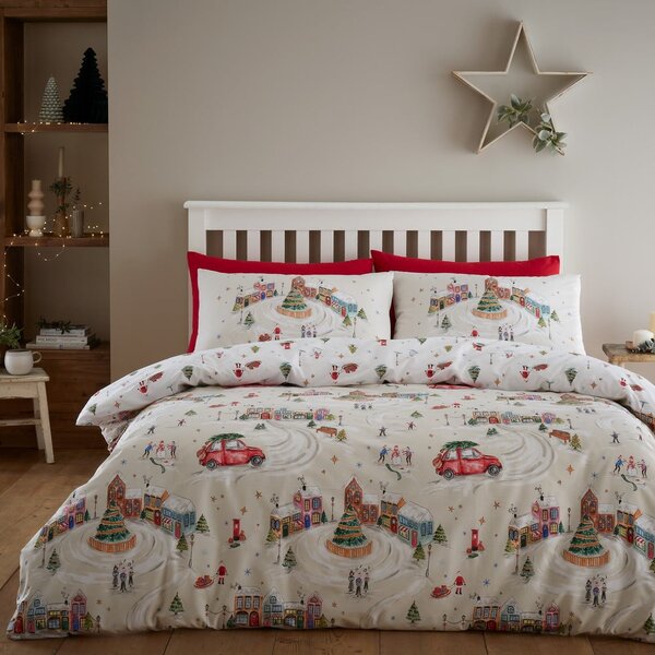 Biancheria da letto estesa bianca e beige per letto matrimoniale 200x200 cm Christmas Town - Catherine Lansfield