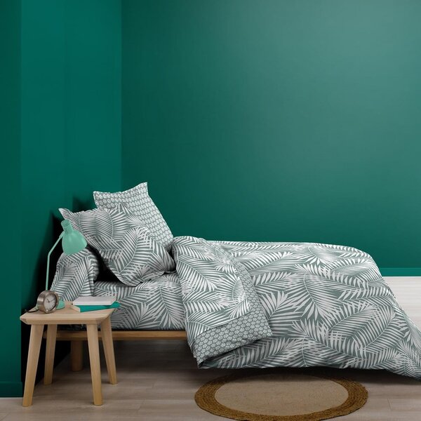 Lenzuolo in cotone elasticizzato bianco-verde 90x190 cm Botania - douceur d'intérieur
