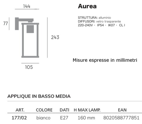 Applique esterno moderna sovil aurea 177 02 bianco e27 led alluminio vetro lampada parete - Sovil Illuminazione