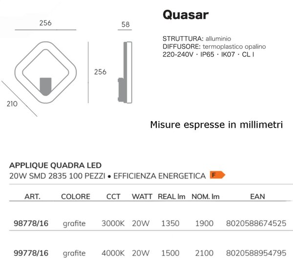 Applique esterno moderno sovil quasar 98778 99778 led ip65 grigio alluminio lampada parete - Sovil Illuminazione