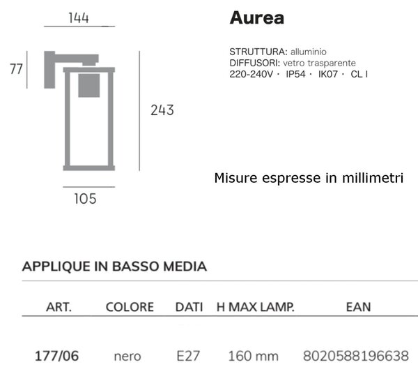 Applique esterno moderna sovil aurea 177 06 nero e27 led alluminio vetro lampada parete - Sovil Illuminazione