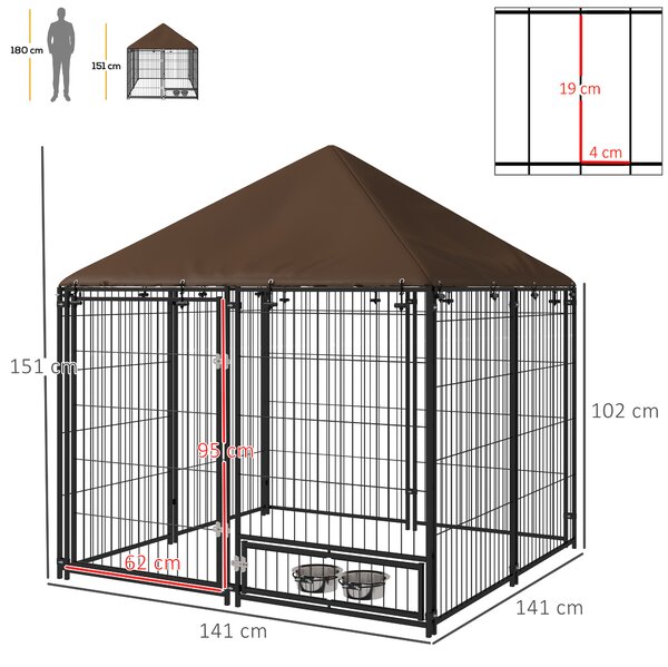 PawHut Recinto per Cani in Metallo e Tessuto Oxford con Porticina per Ciotole, 141x141x151 cm, Nero e Marrone