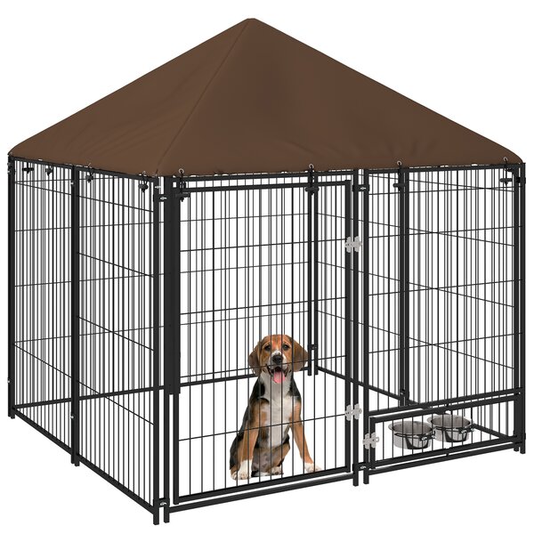 PawHut Recinto per Cani in Metallo e Tessuto Oxford con Porticina per Ciotole, 141x141x151 cm, Nero e Marrone