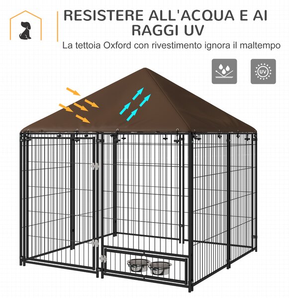 PawHut Recinto per Cani in Metallo e Tessuto Oxford con Porticina per Ciotole, 141x141x151 cm, Nero e Marrone
