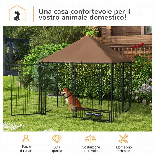 PawHut Recinto per Cani in Metallo e Tessuto Oxford con Porticina per Ciotole, 141x141x151 cm, Nero e Marrone