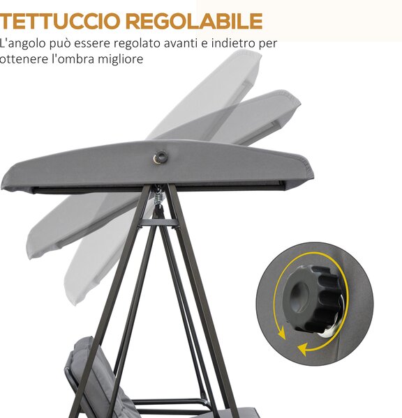 Outsunny Dondolo 2 Posti con Tettuccio Regolabile e Cuscini, in Acciaio e Poliestere, 144x117x173 cm, Grigio