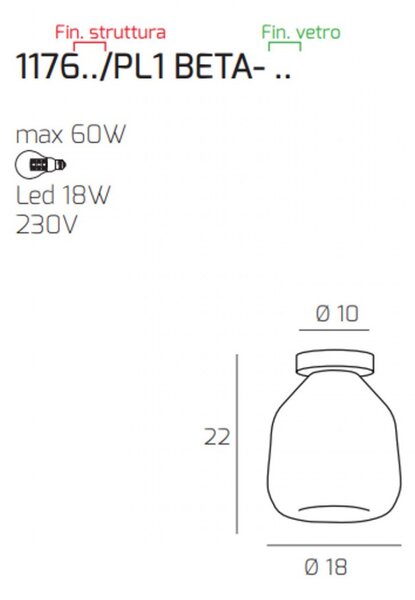 Plafoniera moderna top light double skin 1176bi pl1 beta tr e27 led vetro lampada soffitto - Top Light